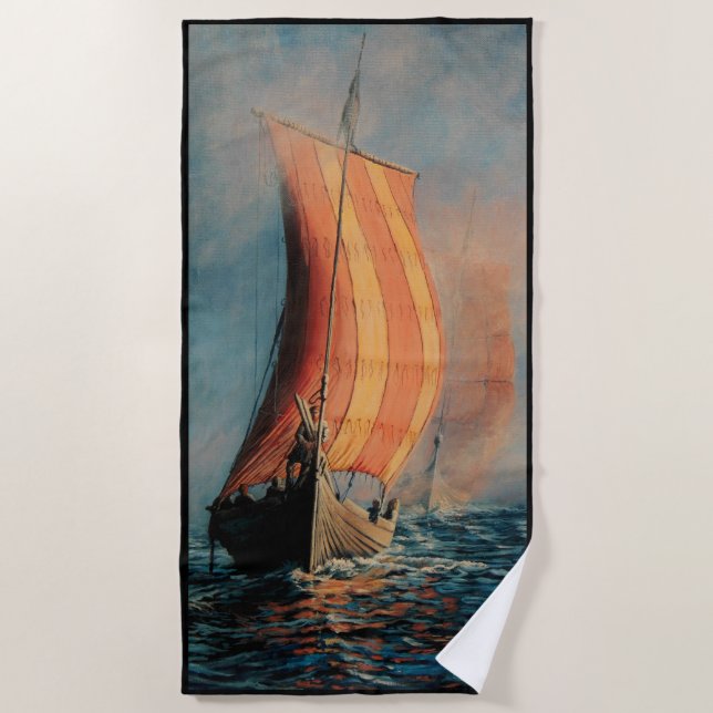 Viking ship/long boat in sail on ocean-black trim  beach towel (Front)