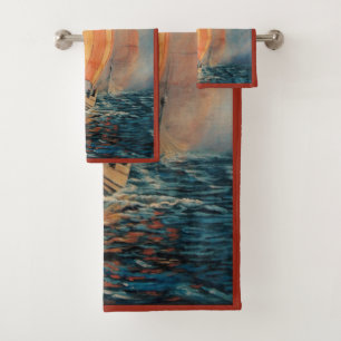 Viking ship/long boat in sail on ocean-red trim bath towel set