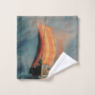 Viking ship/long boat in sail on ocean throw pillo bath towel set