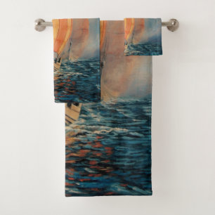Viking ship/long boat in sail on ocean throw pillo bath towel set
