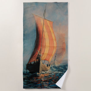 Viking ship/long boat in sail on ocean throw pillo beach towel