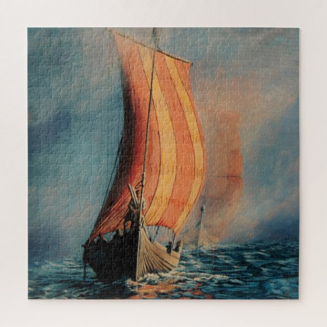 Viking ship/long boat/on sea/men in boat jigsaw puzzle (Vertical)