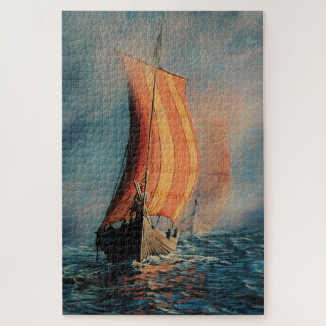 Viking ship/long boat/on sea/men in boat jigsaw puzzle (Vertical)
