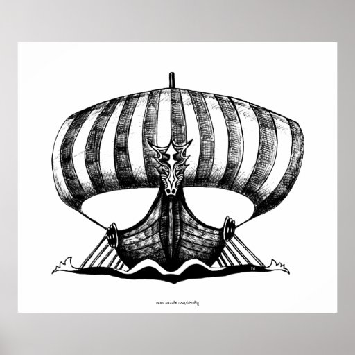 Viking ship pen ink drawing art poster Zazzle.co.uk