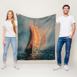 Viking ship sailing on Sea/Ocean in fog -cartooned Fleece Blanket