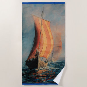 Viking ship sailing on Sea/Ocean in fog, long boat Beach Towel