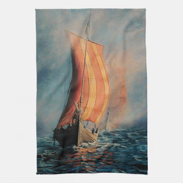Viking ship sailing on Sea/Ocean in fog, long boat Tea Towel (Vertical)