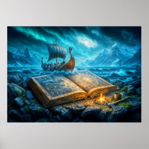 Viking ship sails from ancient book poster
