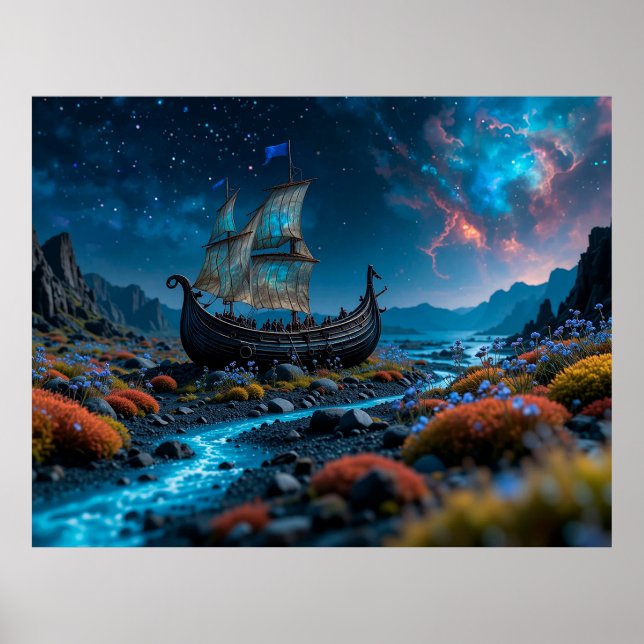 Viking Ship Under a Starry Sky Poster (Front)