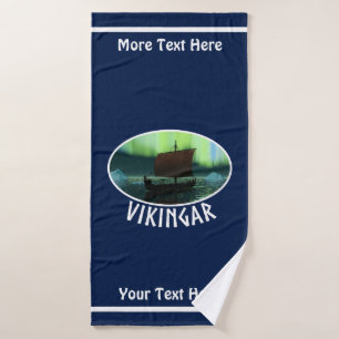 Viking Ship Under Northern Lights Bath Towel Set