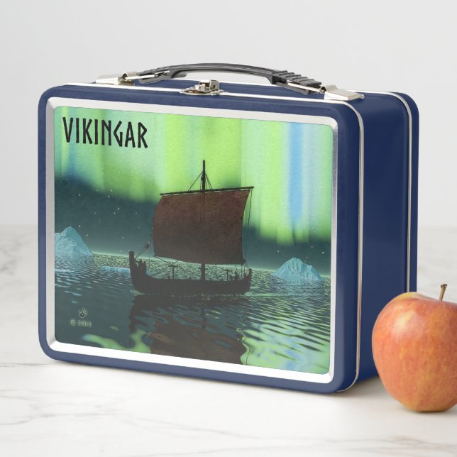Viking Ship Under Northern Lights Metal Lunch Box (In Situ)