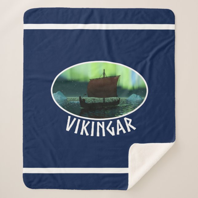 Viking Ship Under Northern Lights Sherpa Blanket (Front)
