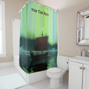 Viking Ship Under Northern Lights Shower Curtain