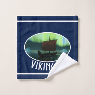 Viking Ship Under Northern Lights Wash Cloth