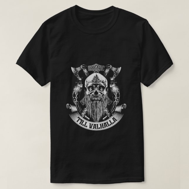 Viking Till Valhalla Skull With Axe T-Shirt (Design Front)