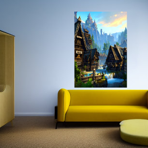 Viking town waterfall and mountain   AI Art  Poster