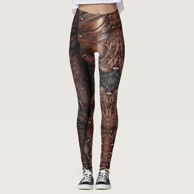 Viking Vest Armour Brown Leather Abstract Leggings (Front)
