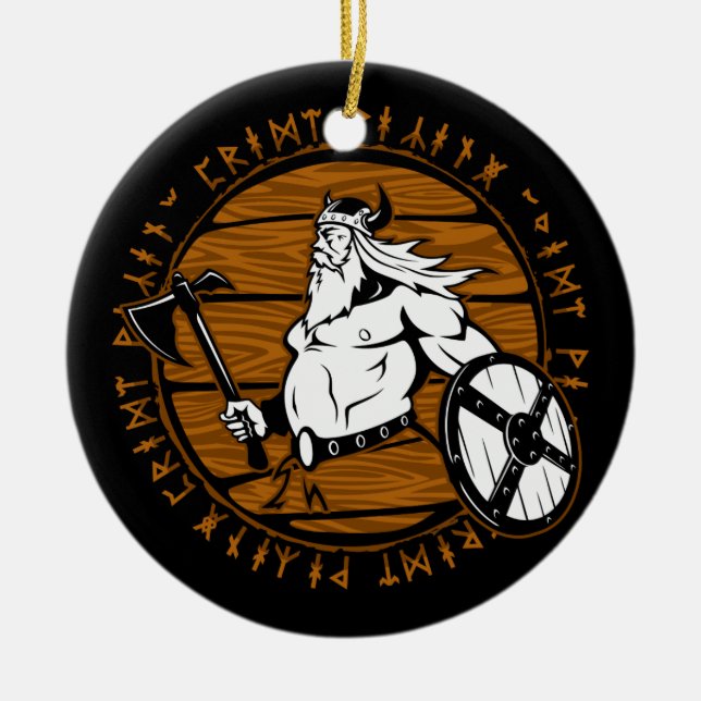 Viking Warrior Helmet Shield Runes Christmas Ceramic Tree Decoration (Front)