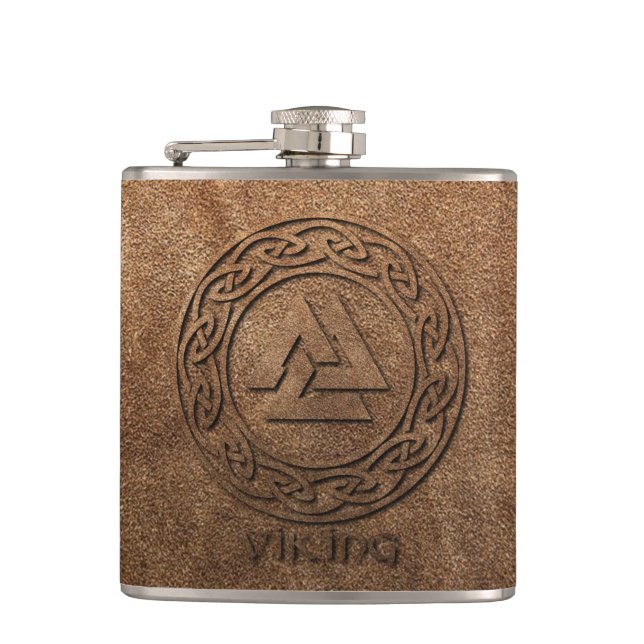 Viking Warrior Leather Print Hip Flask (Front)