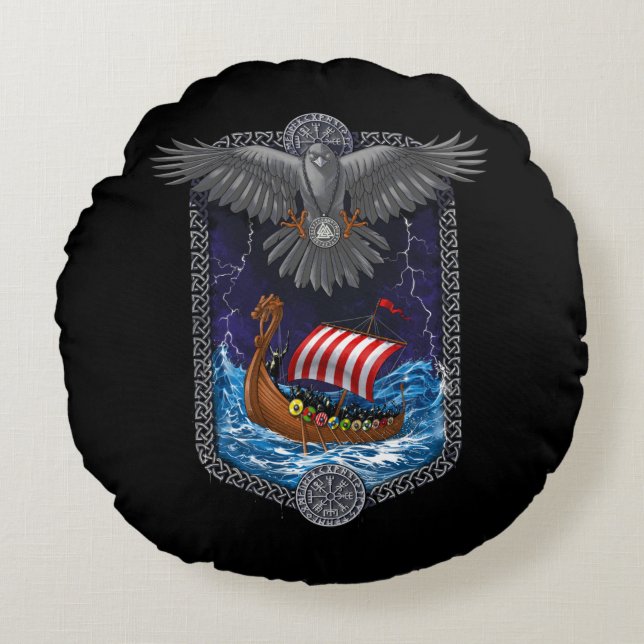 Viking Warrior Ship Raven Round Cushion (Front)