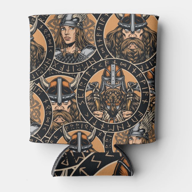 Viking Warriors: Colourful Vintage Pattern Can Cooler (Front)