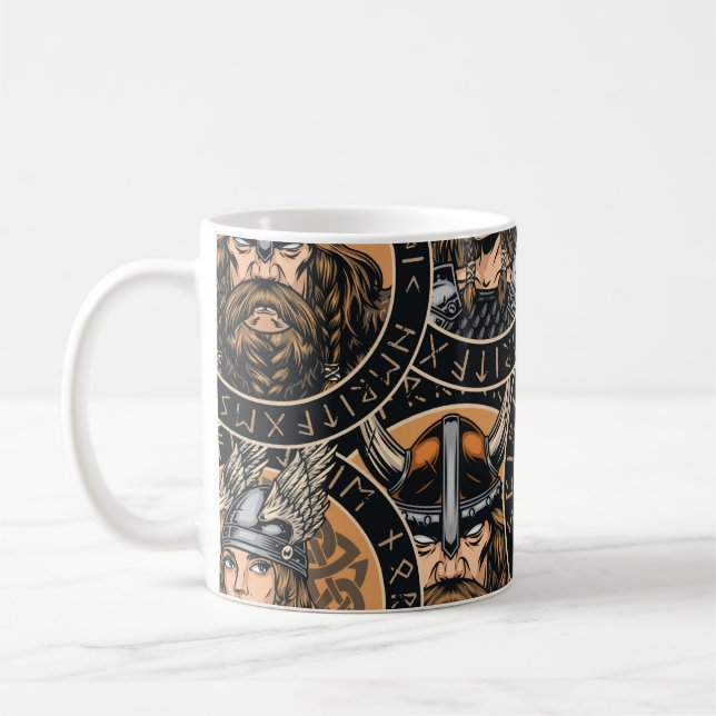 Viking Warriors: Colourful Vintage Pattern Coffee Mug (Left)