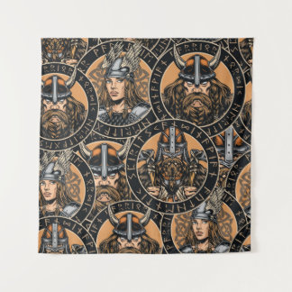 Viking Warriors: Colourful Vintage Pattern Tapestry