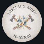 Viking Wedding Classic Round Sticker<br><div class="desc">This viking wedding design will go perfectly with the furs and the drinking horns at your wedding feast. Featuring Celtic or Norse designs and runic text on a leather-like textured background. Perfect for your mediaeval wedding or Viking wedding. Order your printed invitations and party supplies or download your digital invitations...</div>
