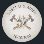 Viking Wedding Classic Round Sticker<br><div class="desc">This viking wedding design will go perfectly with the furs and the drinking horns at your wedding feast. Featuring Celtic or Norse designs and runic text on a leather-like textured background. Perfect for your mediaeval wedding or Viking wedding. Order your printed invitations and party supplies or download your digital invitations...</div>