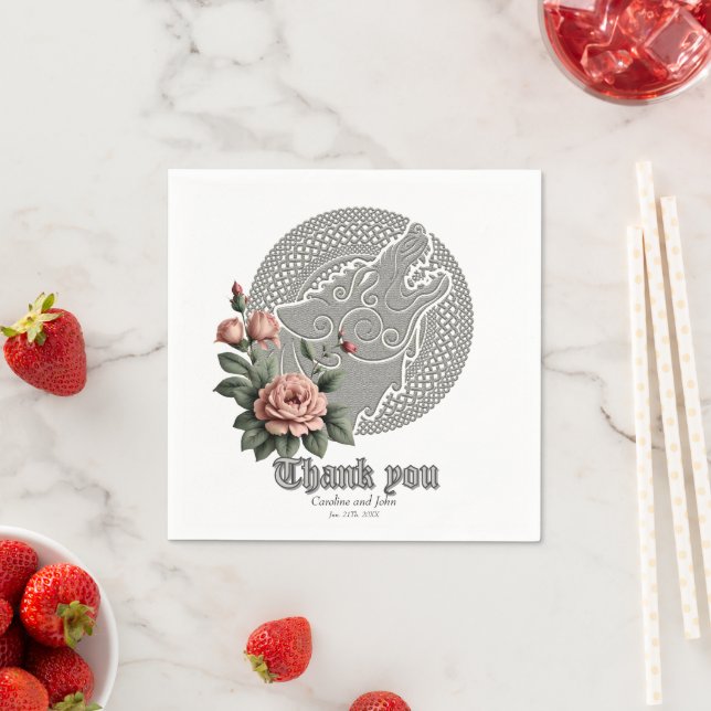 Viking Wolf & Roses. A stylised wolf's head, Napkin (Insitu)