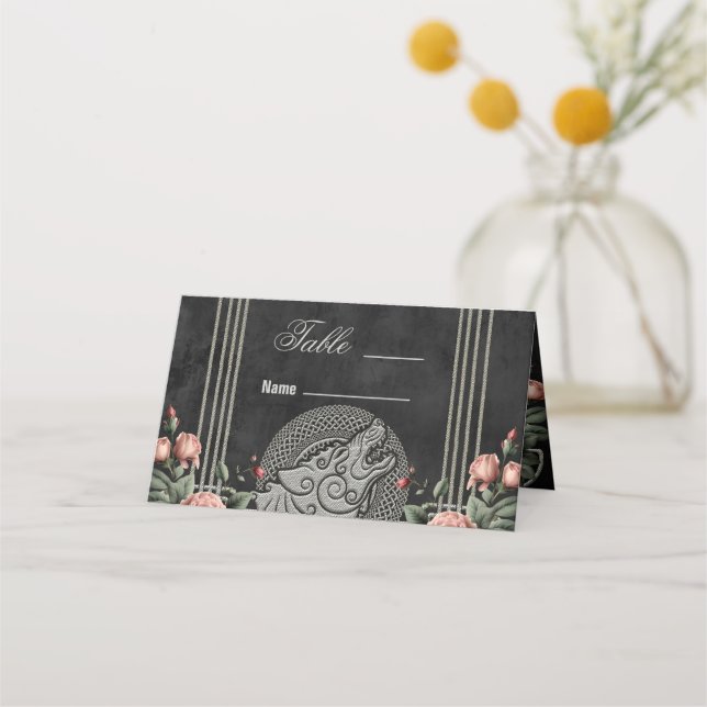 Viking Wolf & Roses. A stylised wolf's head Place Card (Front)