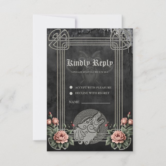 Viking Wolf & Roses. A stylised wolf's head, RSVP Card (Front)