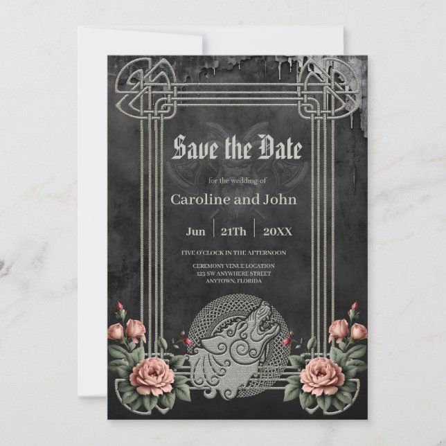 Viking Wolf & Roses. A stylised wolf's head Save The Date (Front)