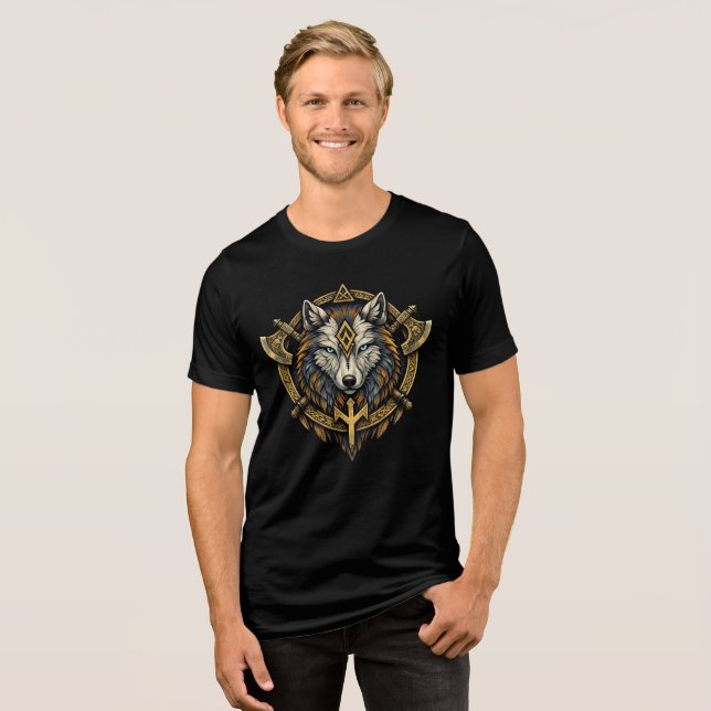 Viking Wolf Symbol Norse Mythology Nordic Warrior  Tri-Blend Shirt (Front Full)