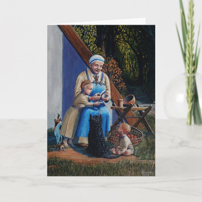 Viking woman/mother/children -- Scottie dog, cat 2 Thank You Card (Front)