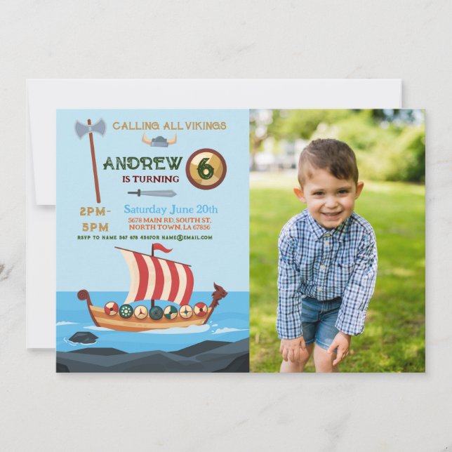 Vikings Birthday Boat Warrior Axe Photos Invitation (Front)