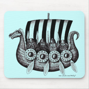 Vikings in Drekar black and white pen ink drawing Mouse Mat