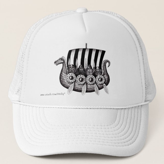Vikings in Drekar black and white pen ink drawing Trucker Hat (Front)