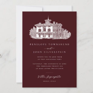 Villa Illustration Deep Burgundy Italian Wedding Invitation