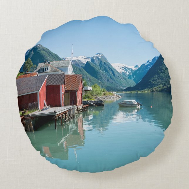 Village and a fjord in Norway round pillow (Back)
