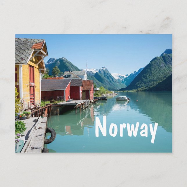 Village and a fjord in Norway text postcard (Front)