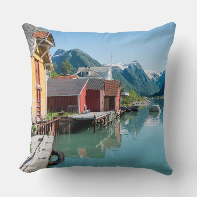Village and a fjord in Norway throw pillow (Front)