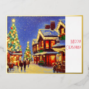 Village at Christmas with people and ornaments  Foil Holiday Postcard