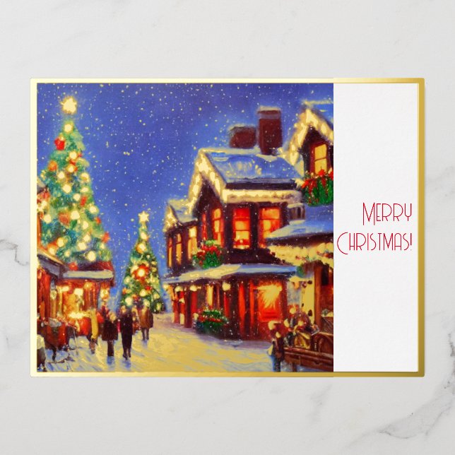 Village at Christmas with people and ornaments  Foil Holiday Postcard (Front)