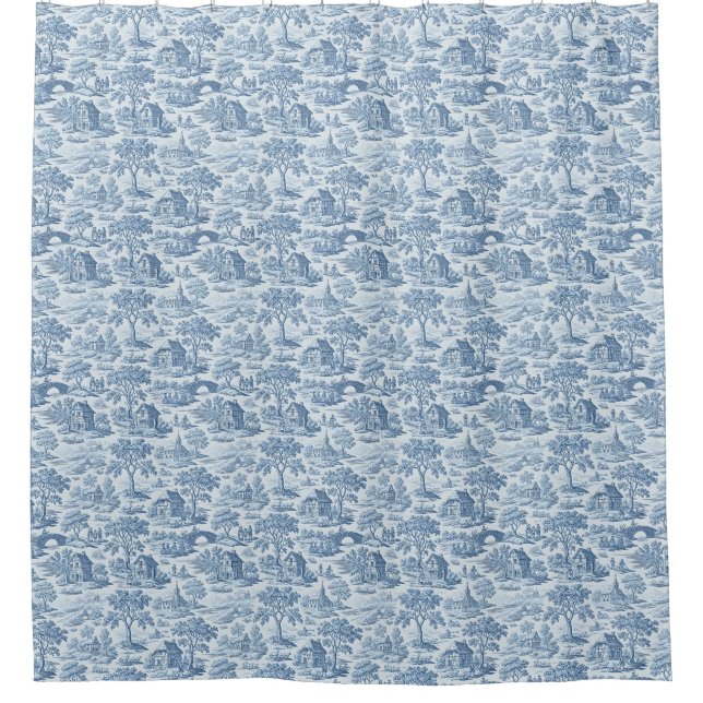 Village Blue Toile Shower Curtain (Front)