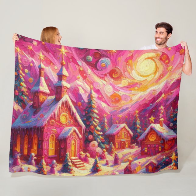 Village Hot Pink House Christmas Motifs Holiday Fleece Blanket (In Situ)