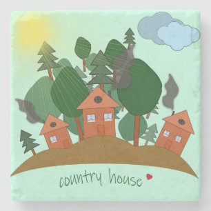 Village houses at the edge of the forest. stone coaster