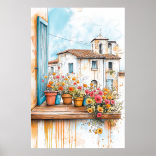 Village Houses Illustration Pastel Colour Drawing Poster