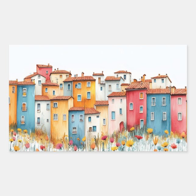 Village Houses Illustration Pastel Colour Drawing Rectangular Sticker (Front)