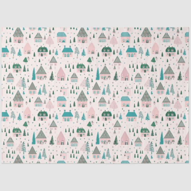 Village Houses Trees Birds Christmas Tissue Paper (Front)